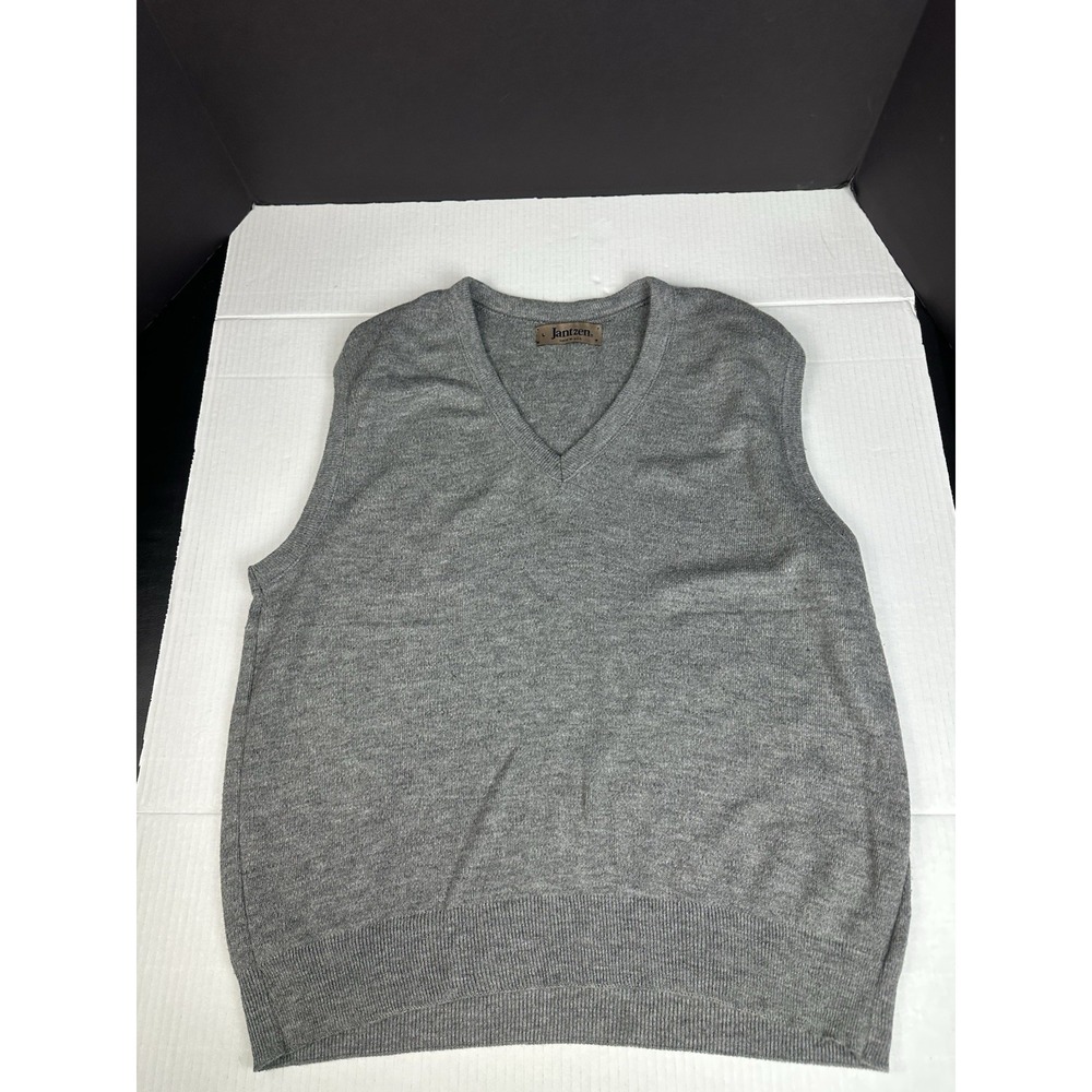 VTG Jantzen Sweater Vest Mens LG Gray V Neck Knit Golf Grandpacore Made in USA